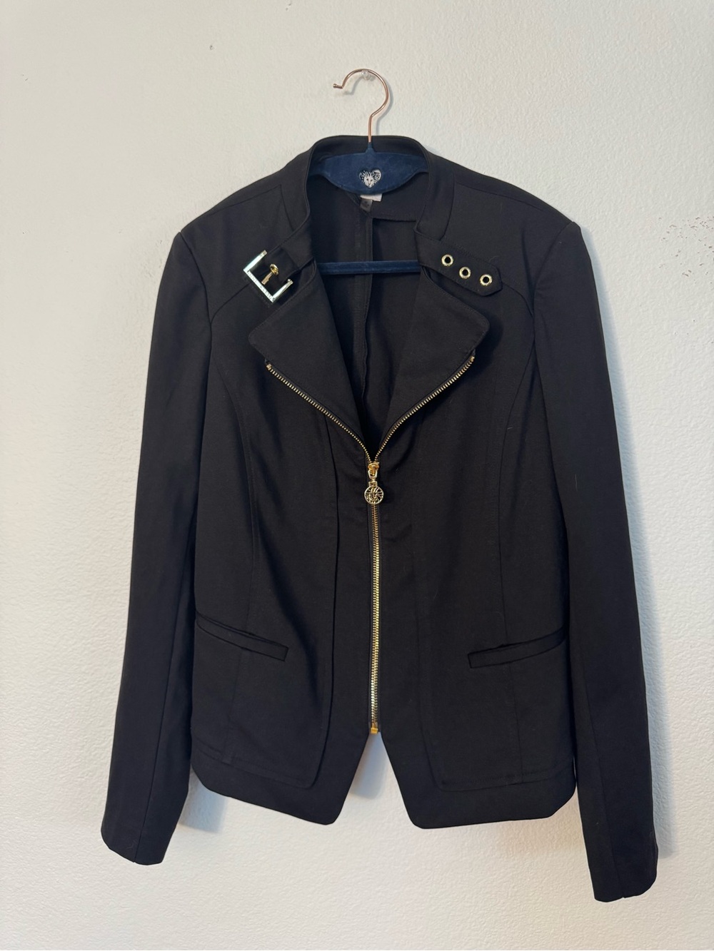 Anne Klein Black Zip-Front Moto-Style Blazer with Gold Hardware